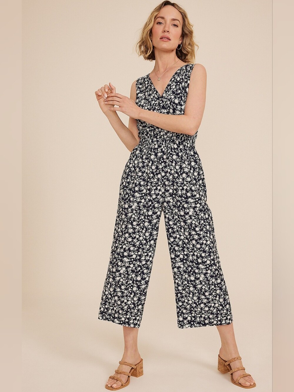 NWT Maurices Navy Blue Floral Bare Jumpsuit V-Neck - Size Small